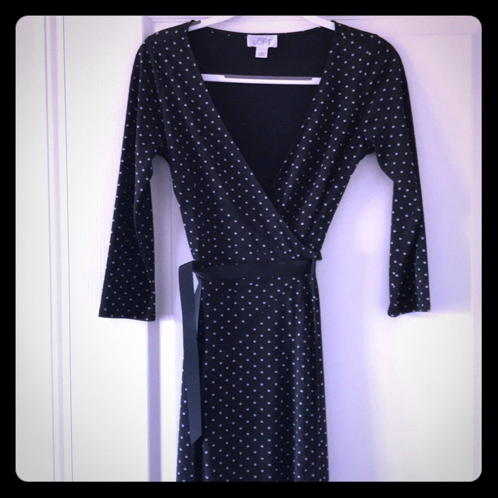 Polka dot wrap dress w/ ruche detail & ribbon tie